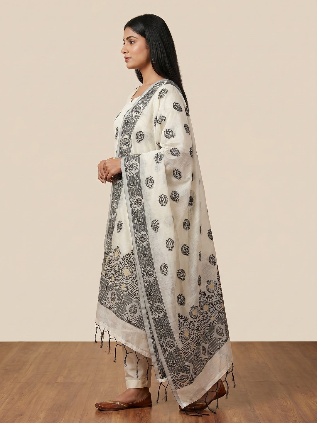 Offwhite & Black Floral Woven Chanderi Dress Material - Image 3