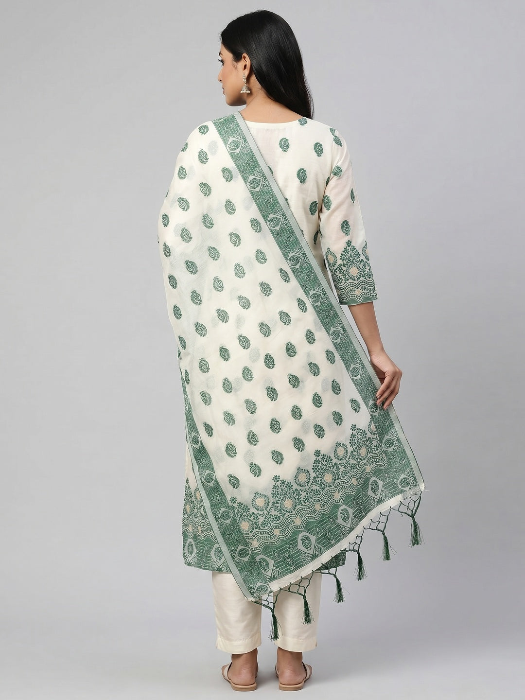 Offwhite & Green Floral Woven Chanderi Dress Material - Image 3