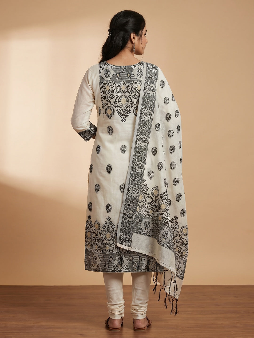 Offwhite & Black Floral Woven Chanderi Dress Material - Image 2