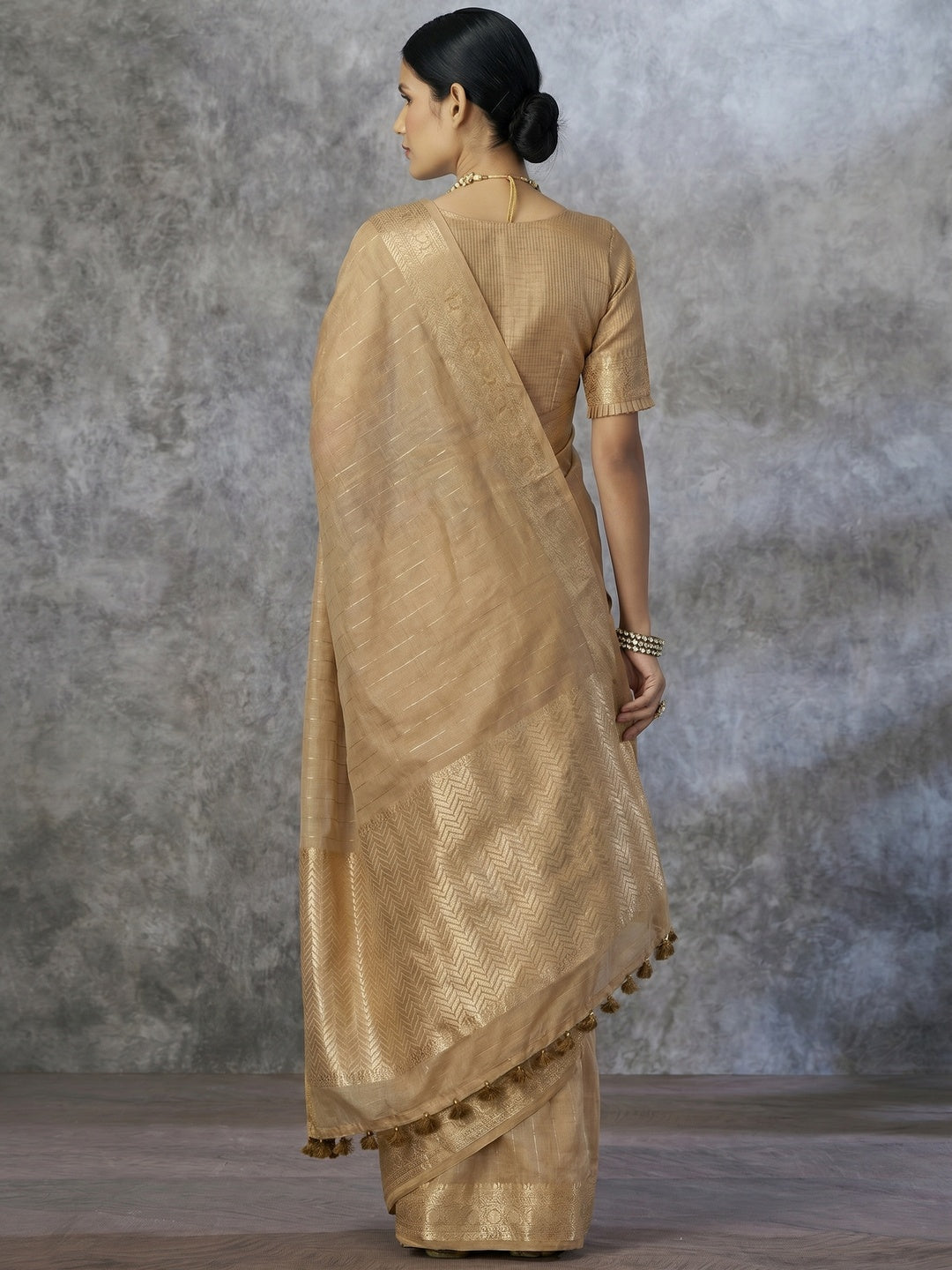 Chikoo Woven Cotton Silk Saree With Tassels - Image 1