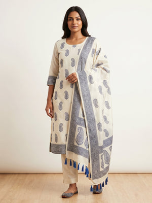 Offwhite & Navy Blue Floral Woven Chanderi Dress Material - Image 1
