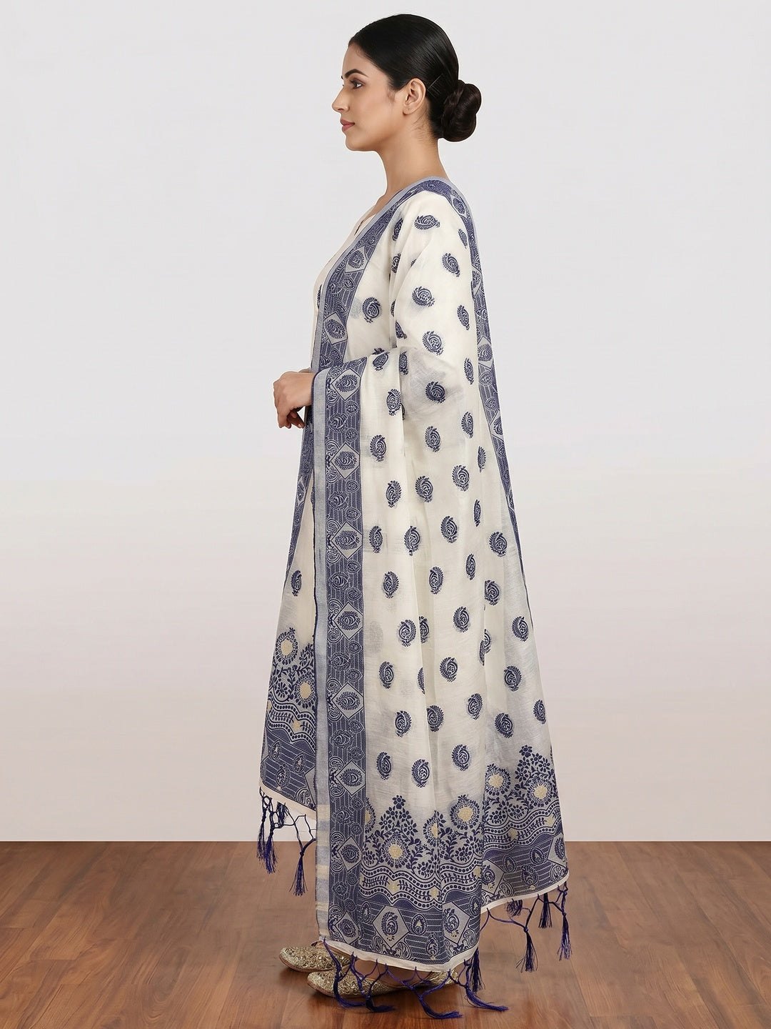 Offwhite & Navy Blue Floral Woven Chanderi Dress Material - Image 2