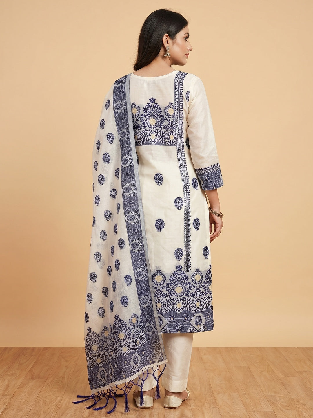 Offwhite & Navy Blue Floral Woven Chanderi Dress Material - Image 3