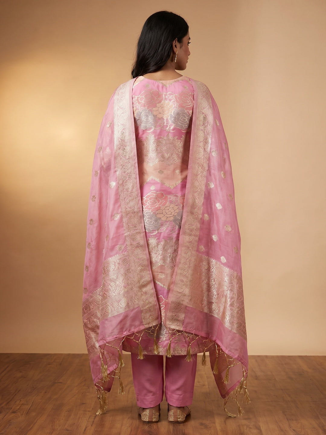 Pink Floral Woven Organza Dress Material - Image 3
