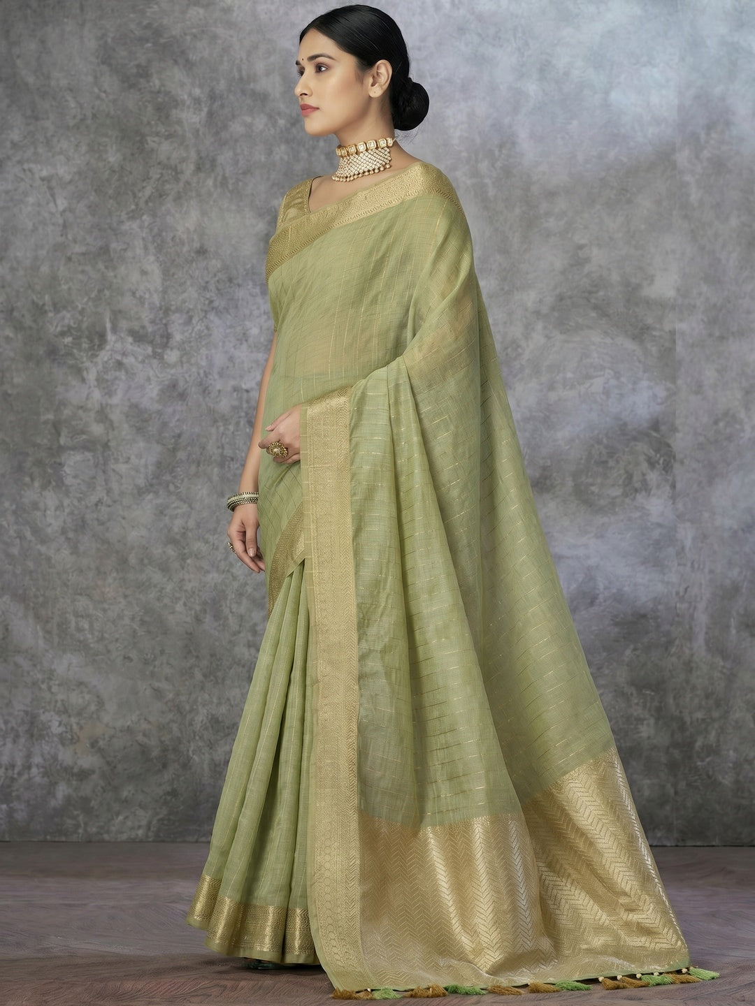 Green Woven Cotton Silk Saree With Tassels - Image 1