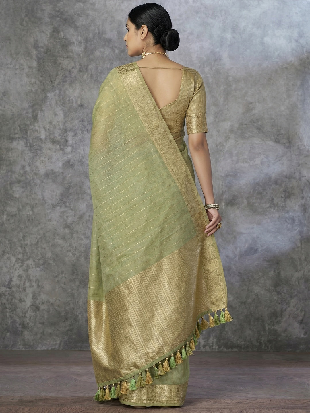 Green Woven Cotton Silk Saree With Tassels - Image 2