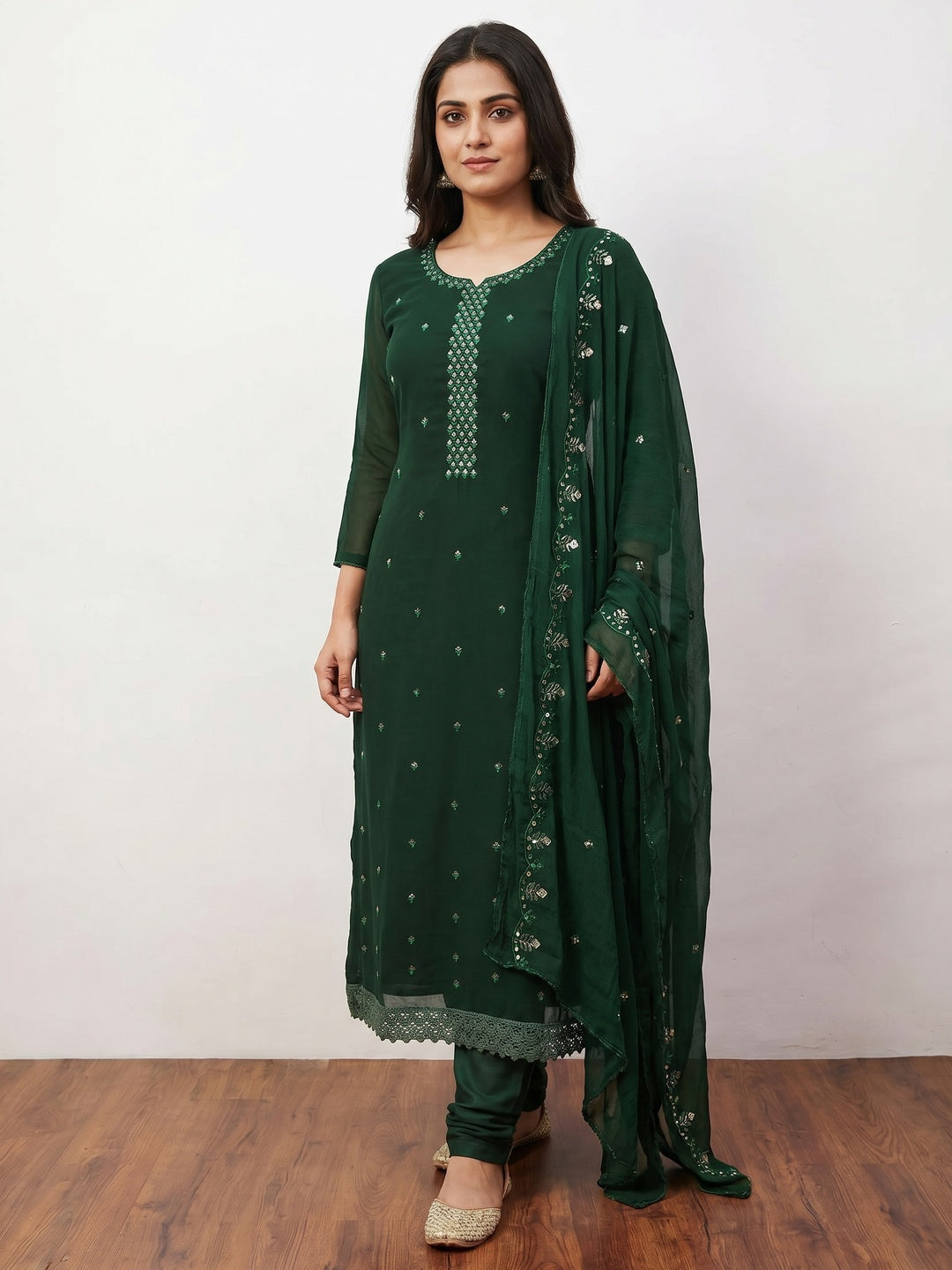 Green Floral Sequins Embroidered Georgette Dress Material - Image 1