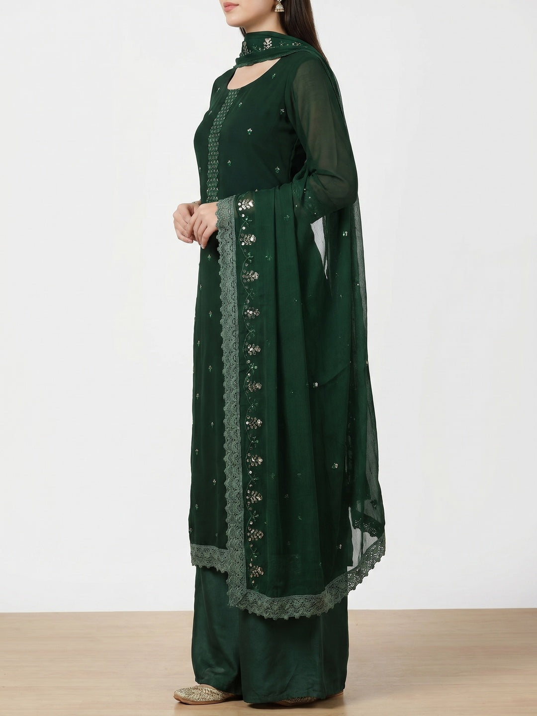 Green Floral Sequins Embroidered Georgette Dress Material - Image 3