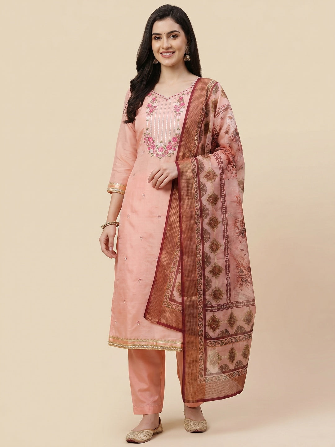 Peach Floral Sequins Embroidered Chanderi Silk Dress Material - Image 1