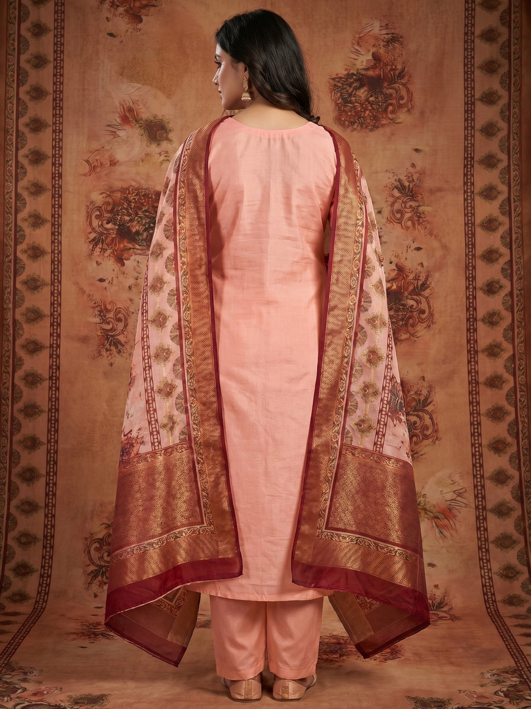 Peach Floral Sequins Embroidered Chanderi Silk Dress Material - Image 3