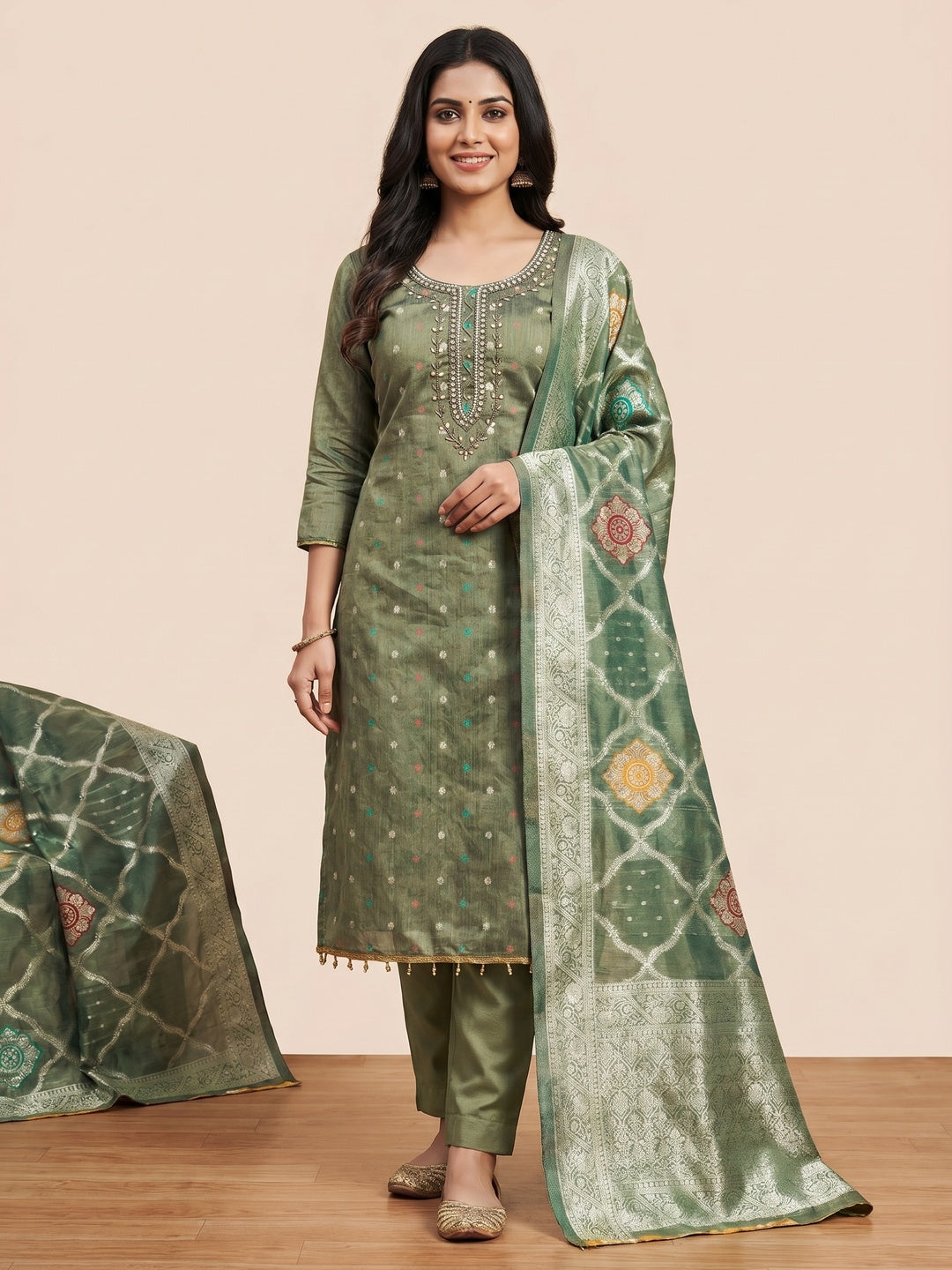 Green Woven With Handwork Simmer Jacquard Dress Material - Image 1