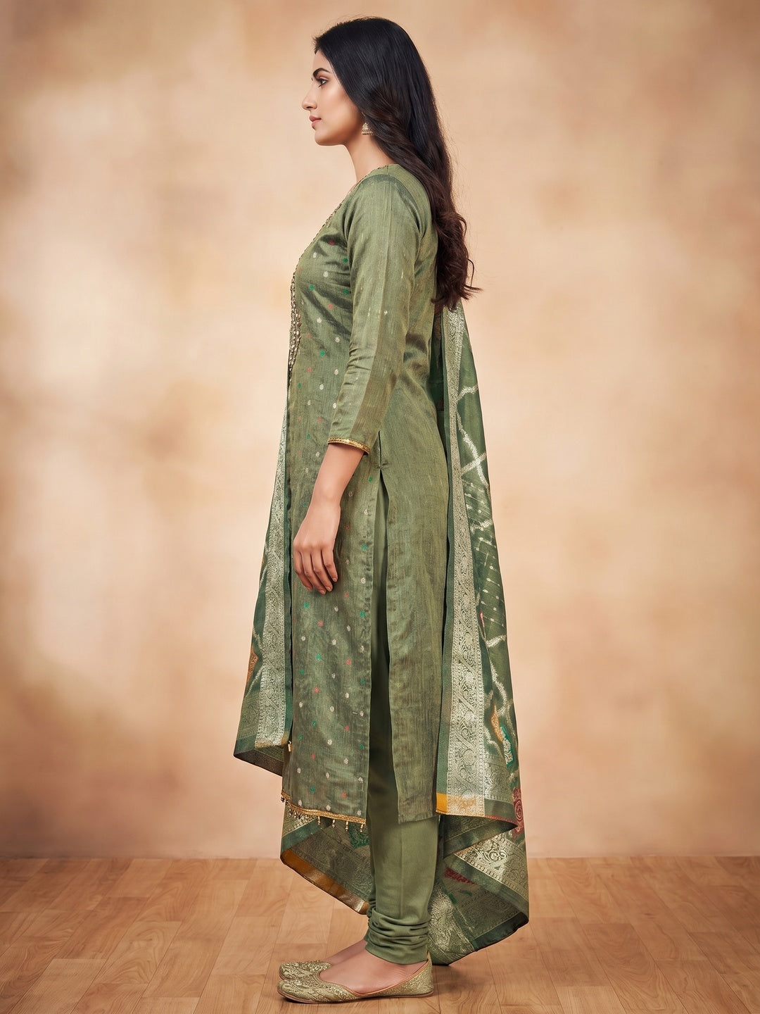 Green Woven With Handwork Simmer Jacquard Dress Material - Image 2