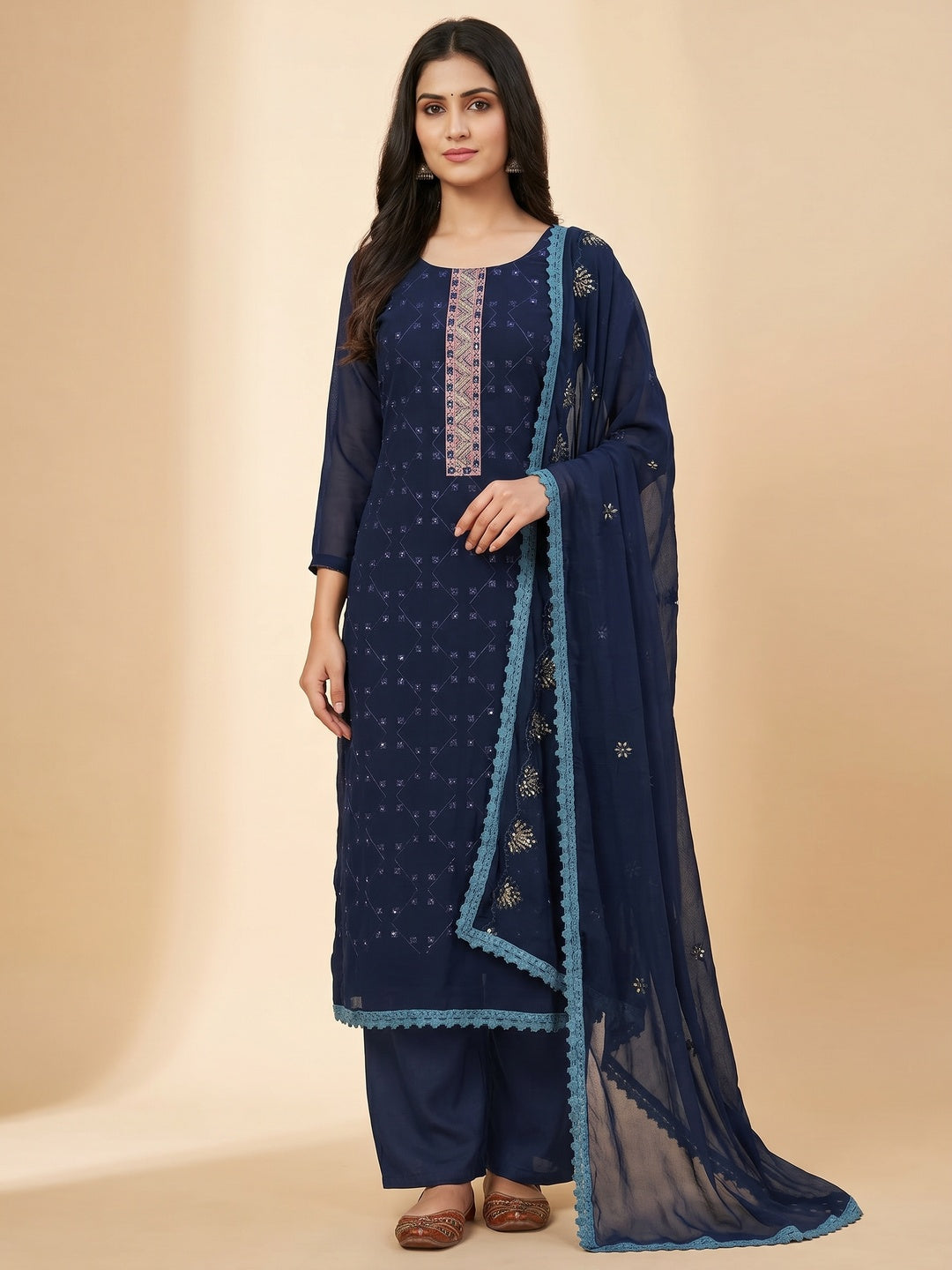 Navy Blue Sequins Embroidered Georgette Dress Material - Image 2