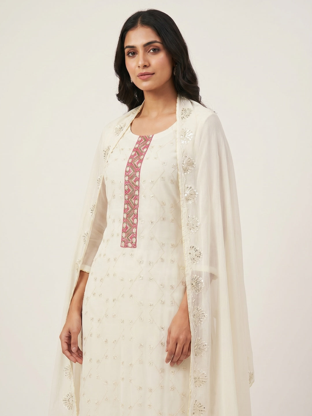 Off White Sequins Embroidered Georgette Dress Material - Image 1