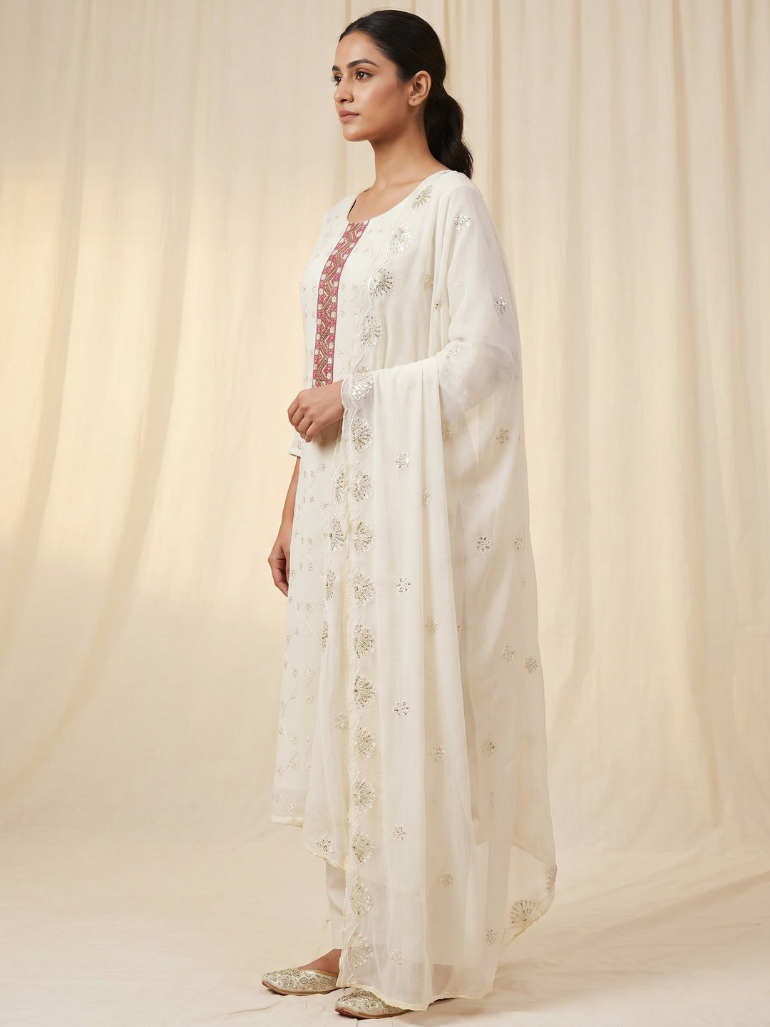Off White Sequins Embroidered Georgette Dress Material - Image 2