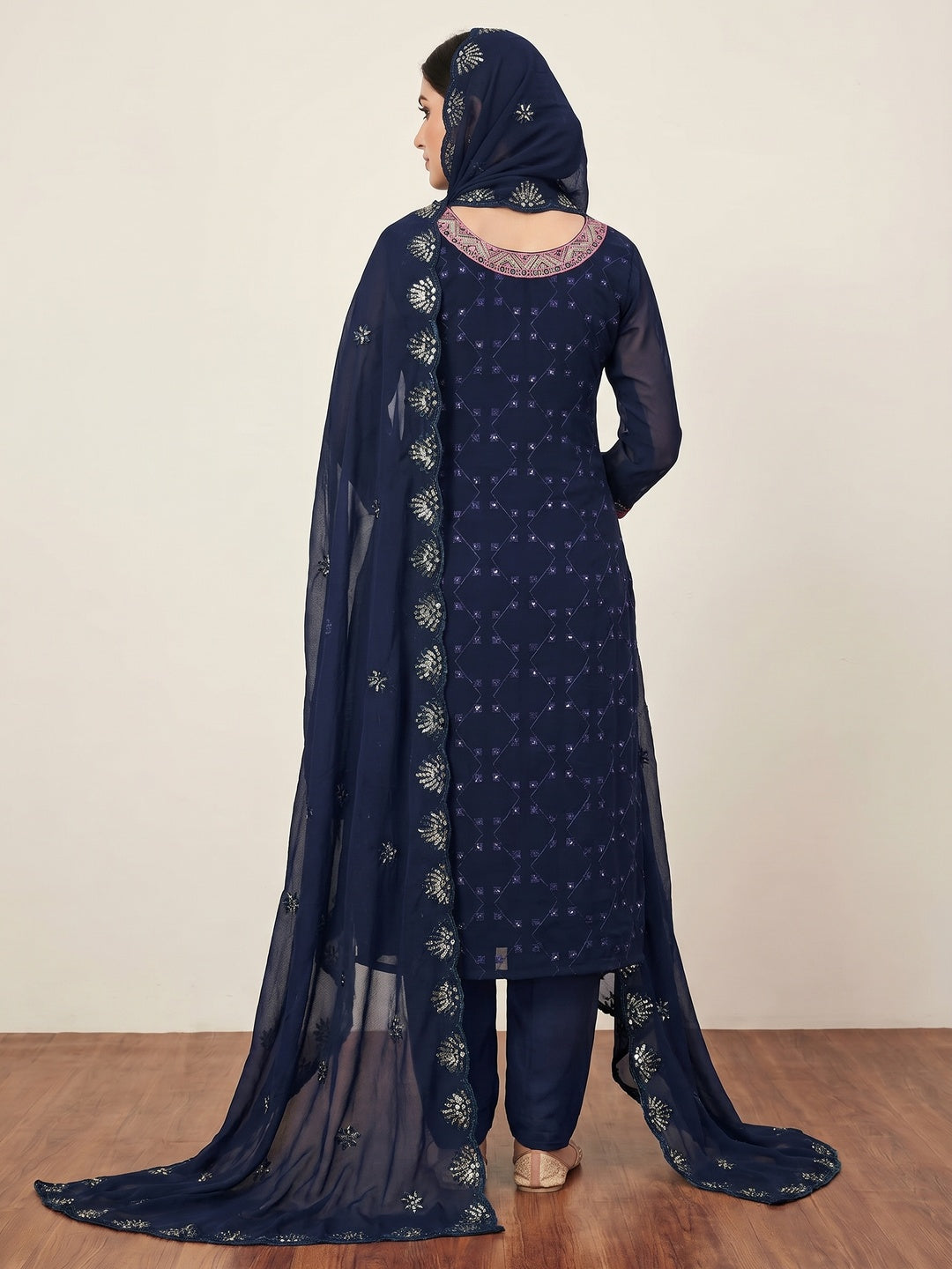 Navy Blue Sequins Embroidered Georgette Dress Material - Image 3