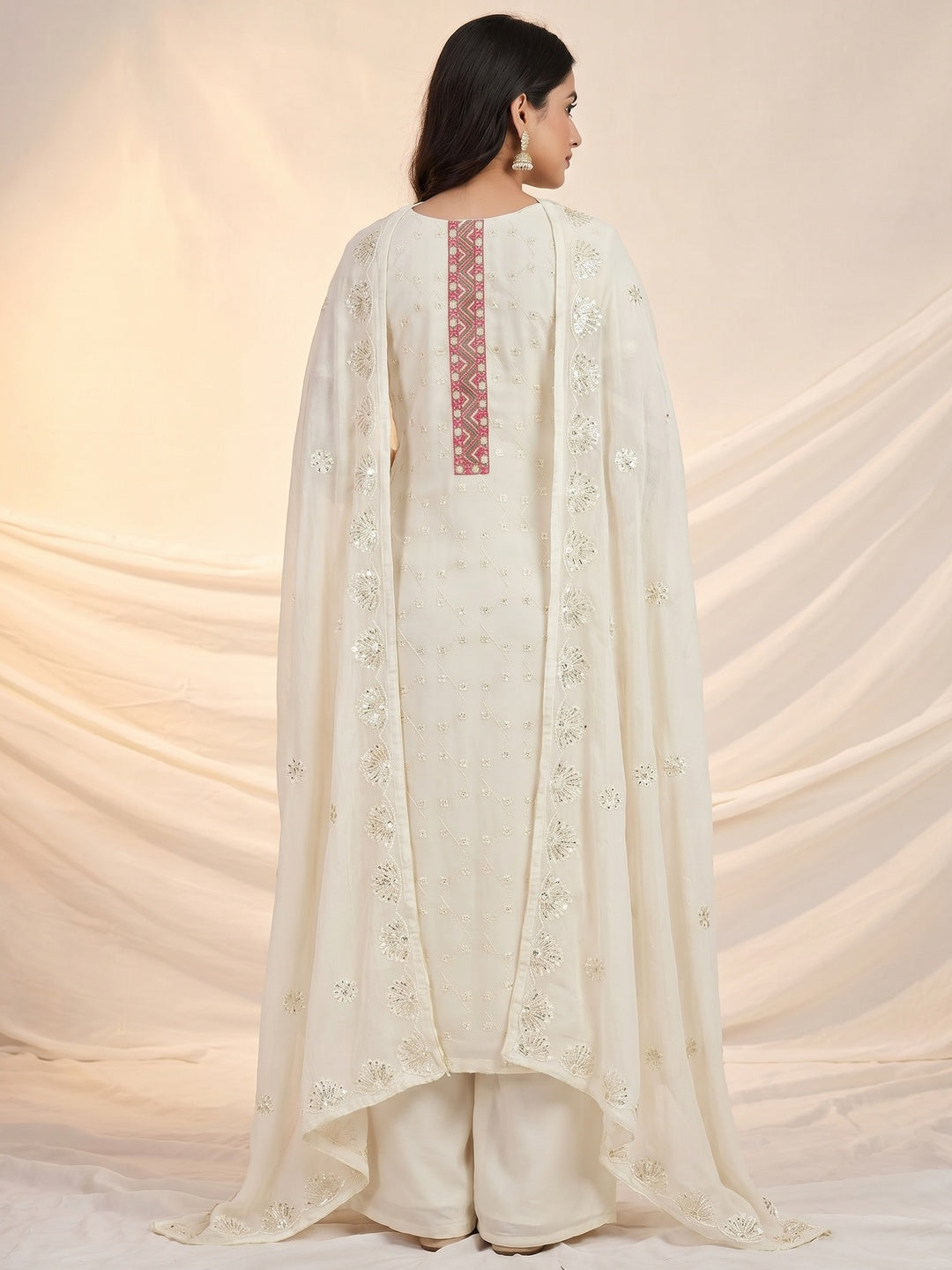 Off White Sequins Embroidered Georgette Dress Material - Image 3