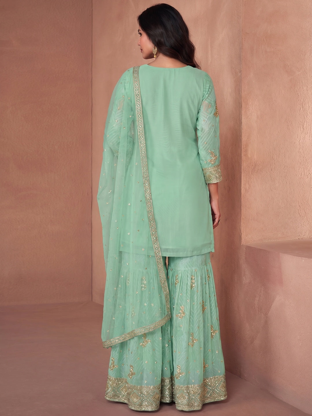 Pista Green Sequins Embroidered Georgette Sharara Suit - Image 2