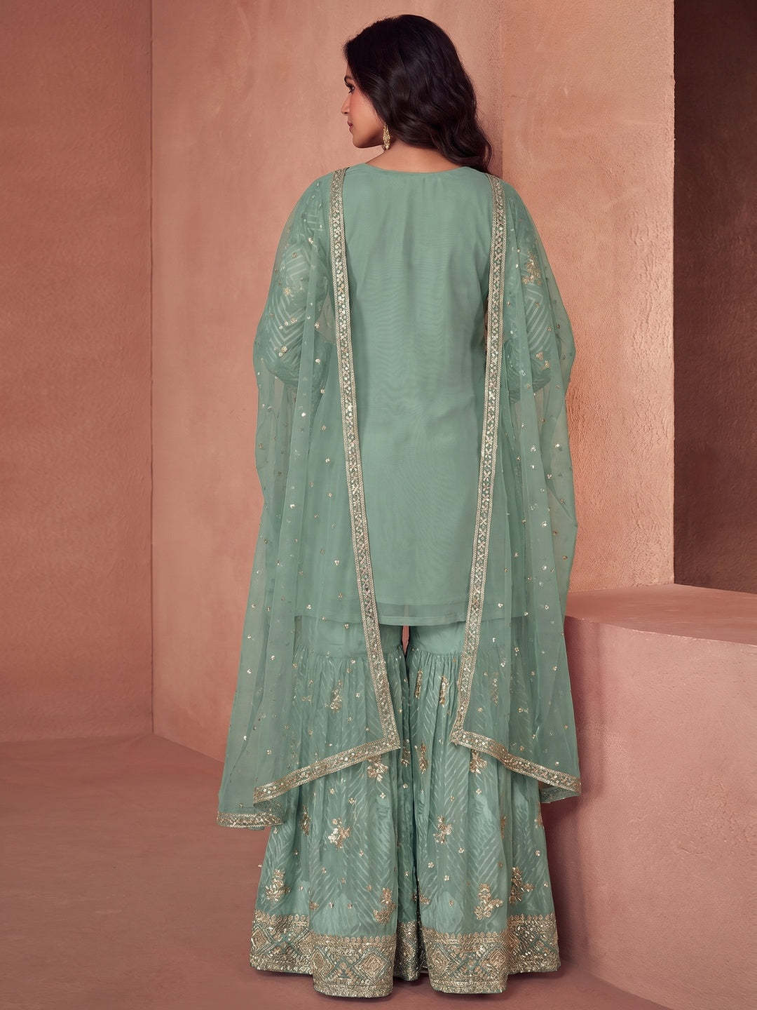 Dusty Green Sequins Embroidered Georgette Sharara Suit - Image 1
