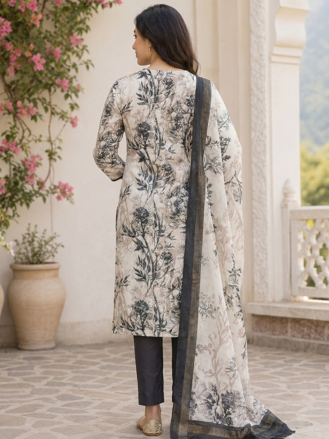 White Floral Printed Linen Dress Material - Image 3