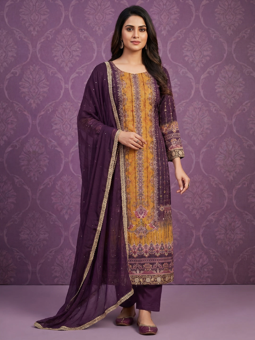Purple Sequins Embroidery With Printed Crepe Dress Material - Image 1