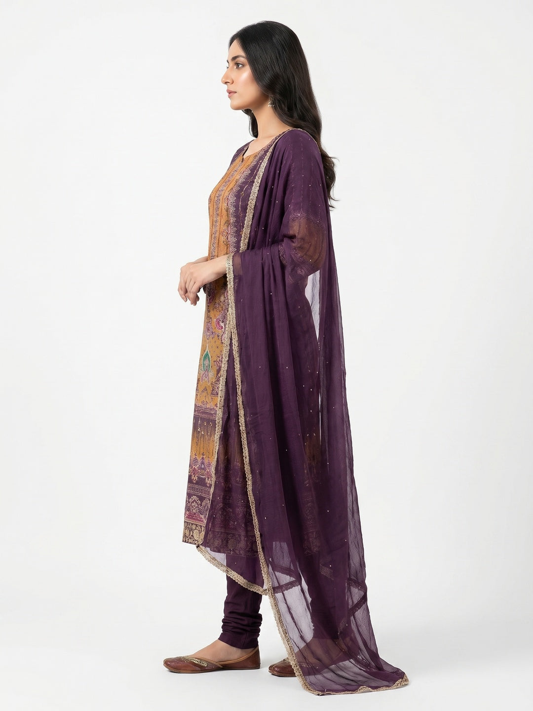Purple Sequins Embroidery With Printed Crepe Dress Material - Image 2