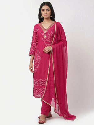 Pink Printed With Handwork Muslin Dress Material - Image 1