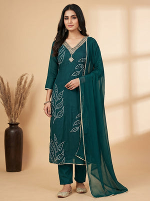 Dark Teal Printed With Handwork Muslin Dress Material - Image 1