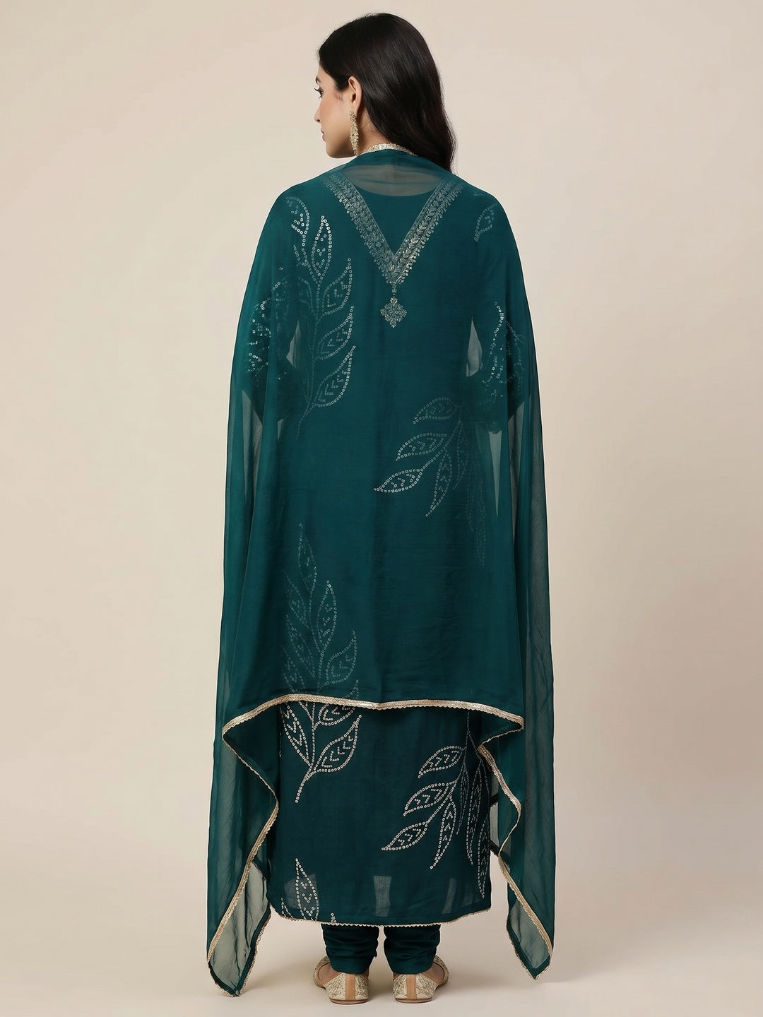 Dark Teal Printed With Handwork Muslin Dress Material - Image 2