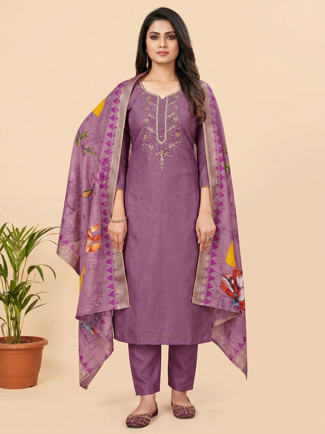Purple Handwork Simmer Jacquard Dress Material - Image 1