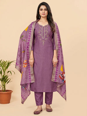 Purple Handwork Simmer Jacquard Dress Material - Image 1