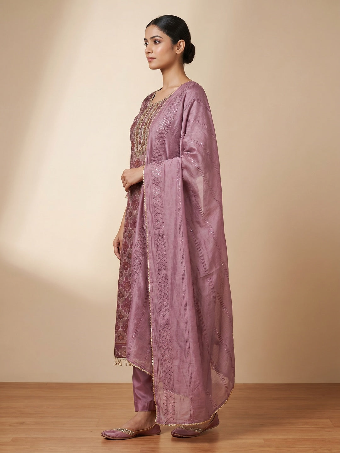 Onion Pink Sequins Embroidered With Printed Organza Dress Material - Image 3