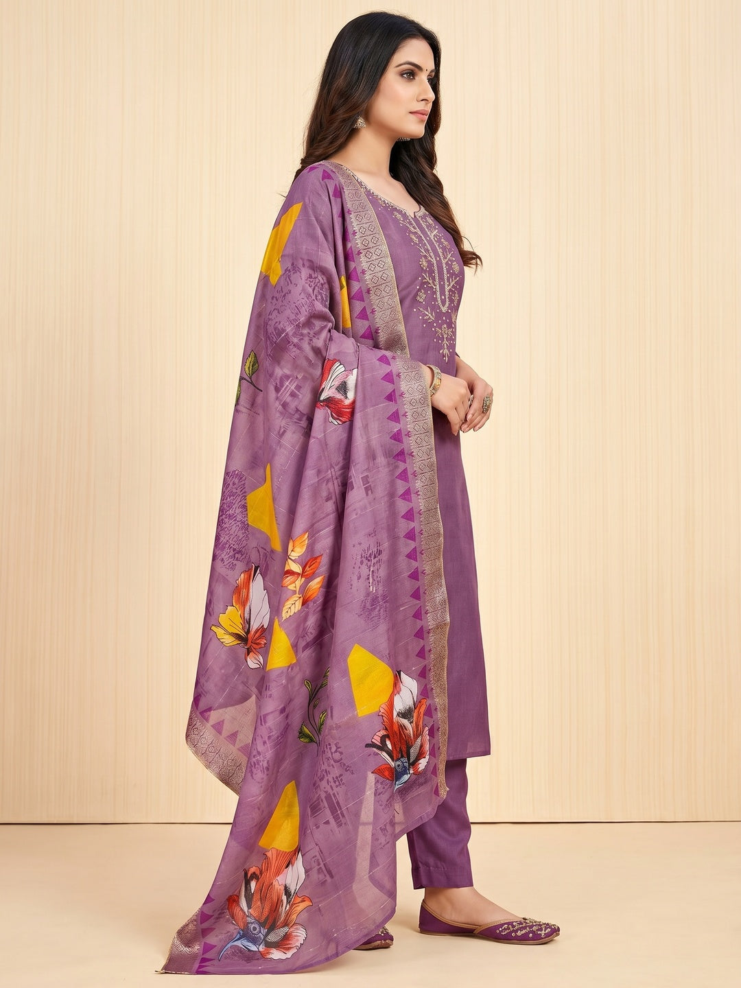 Purple Handwork Simmer Jacquard Dress Material - Image 2