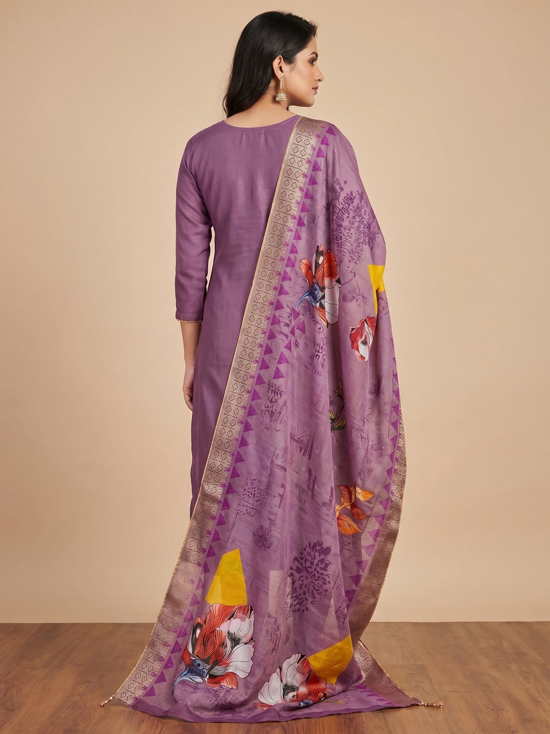 Purple Handwork Simmer Jacquard Dress Material - Image 3