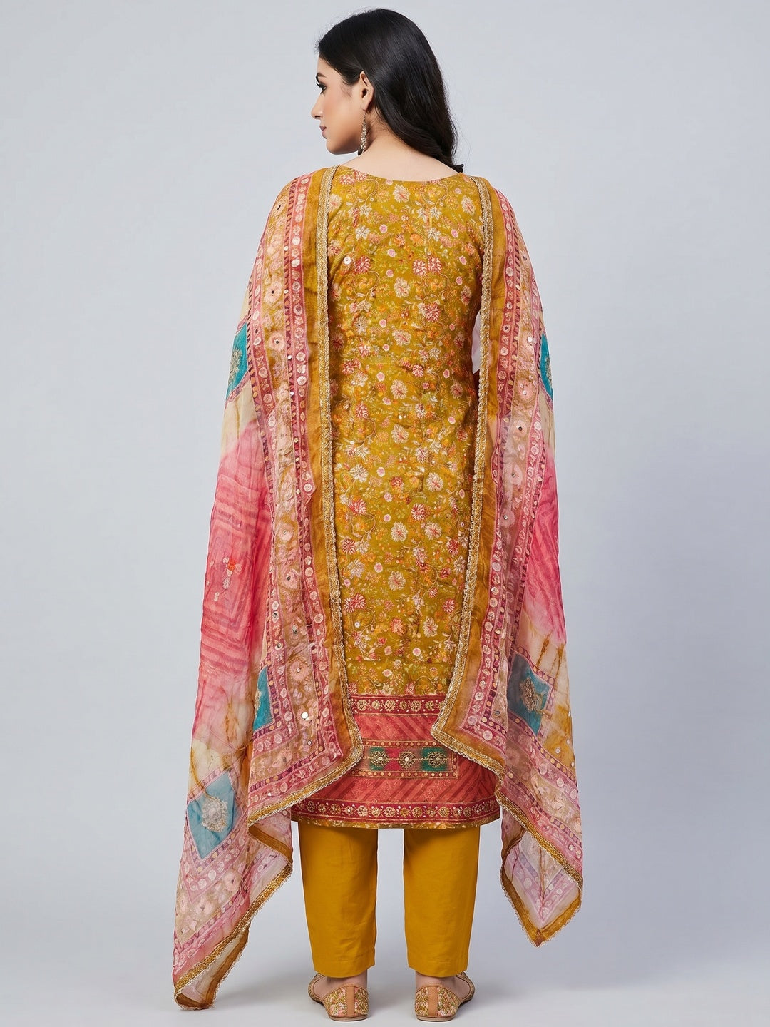 Mustard Embroidered With Printed Work Muslin Dress Material - Image 3