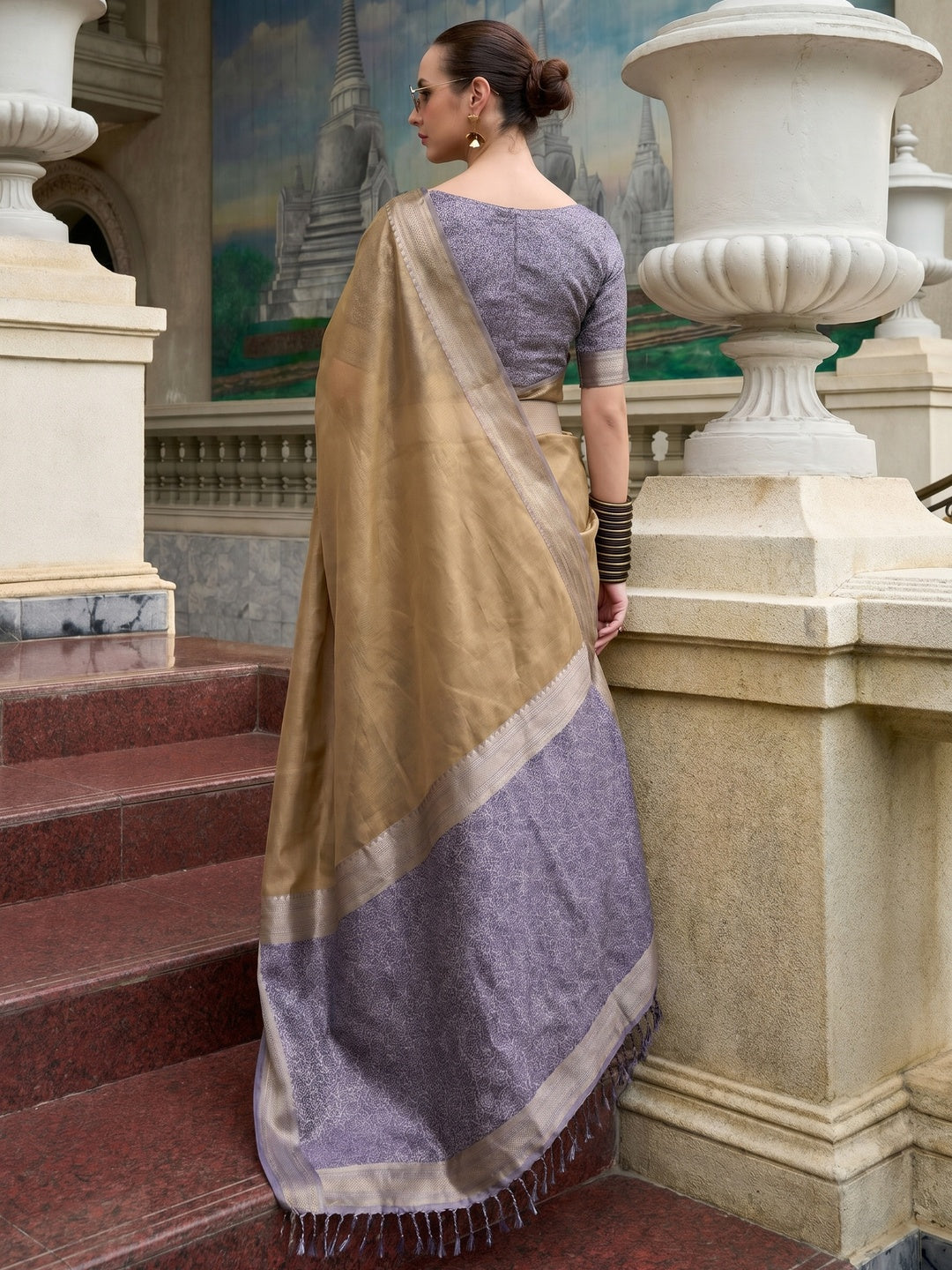 Chikoo Woven Tissue Silk Saree With Tassels - Image 1