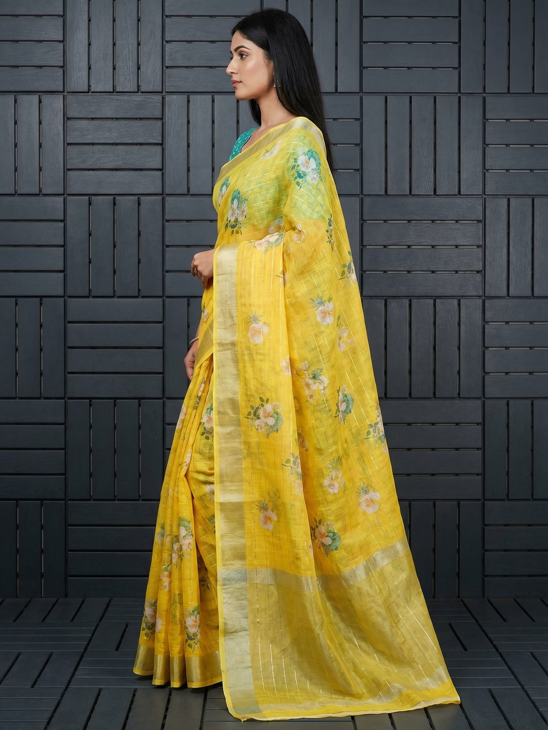Yellow Digital Printed With Zari Work Linen Cotton Saree - Image 4
