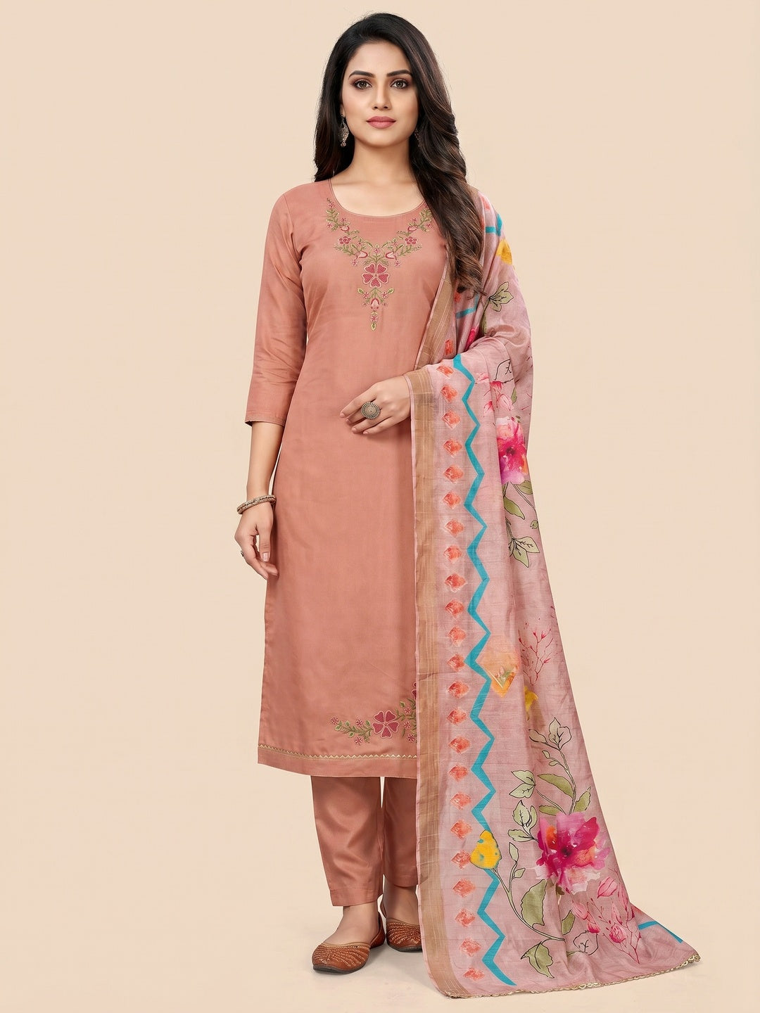 Peach Embroidered Chanderi Silk Dress Material - Image 1
