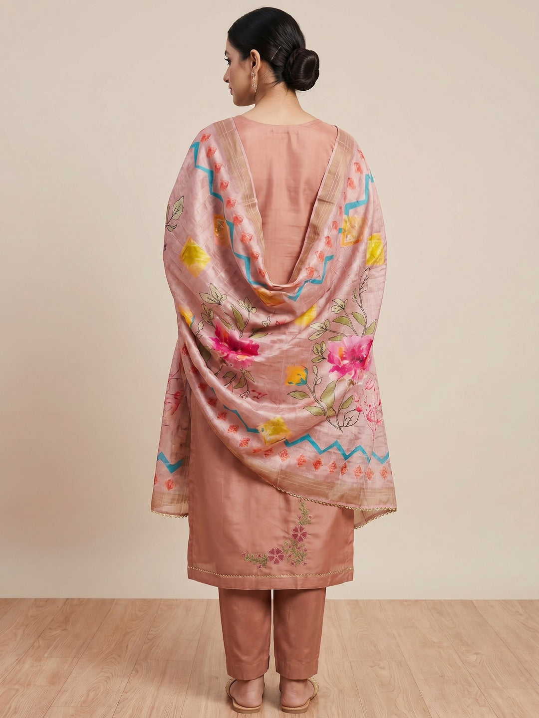 Peach Embroidered Chanderi Silk Dress Material - Image 2