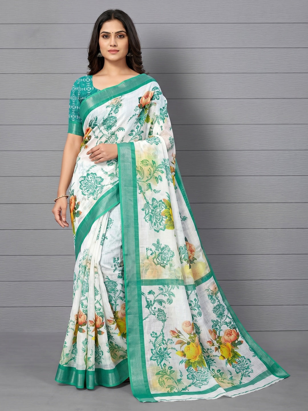 White & Rama Green Digital Printed With Zari Work Linen Cotton Saree - Image 1