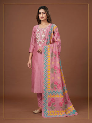 Onion Pink Embroidered Chanderi Silk Dress Material - Image 1