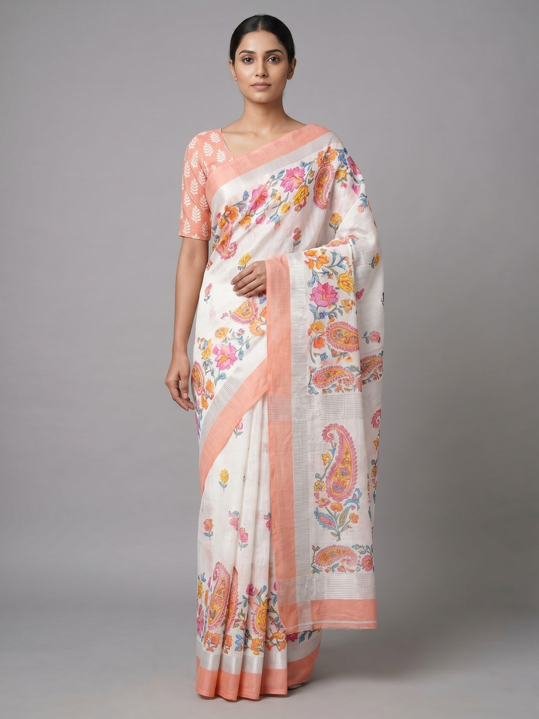 White & Peach Digital Printed With Zari Work Linen Cotton Saree - Image 1