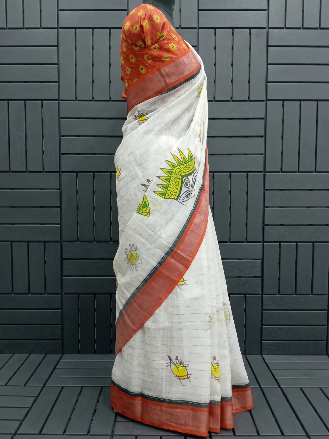 White Digital Printed With Zari Work Linen Cotton Saree - Image 2