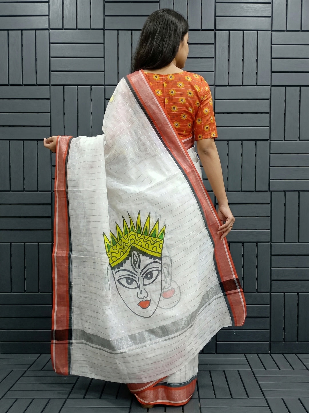 White Digital Printed With Zari Work Linen Cotton Saree - Image 3