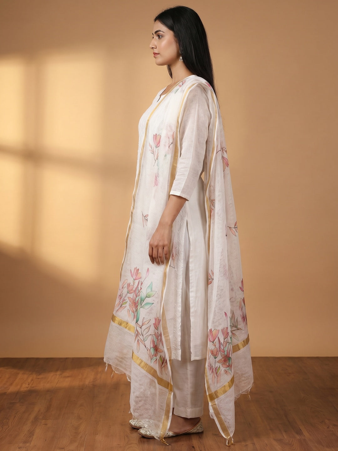 White Embroidered Kota Doria Dress Material - Image 2