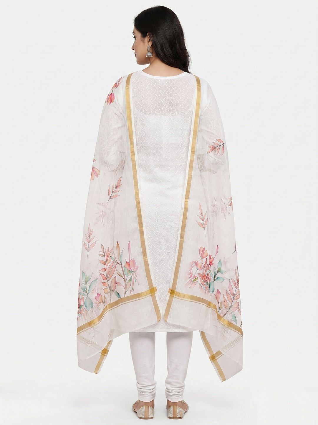 White Embroidered Kota Doria Dress Material - Image 3