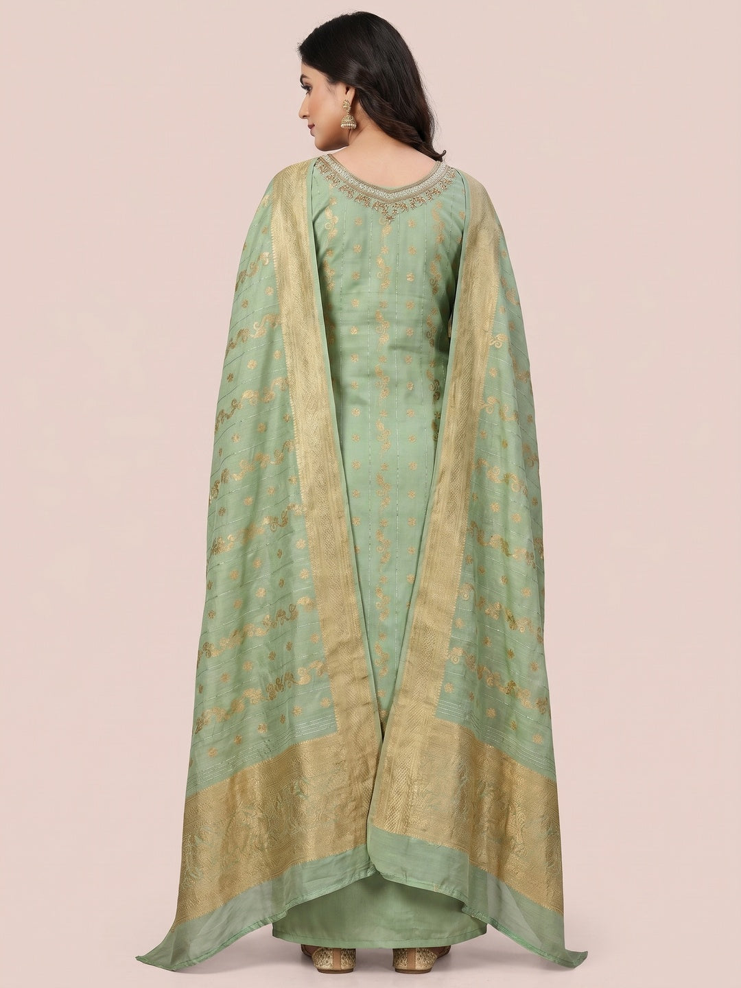 Green Beads Embroidered Viscose Dress Material - Image 3