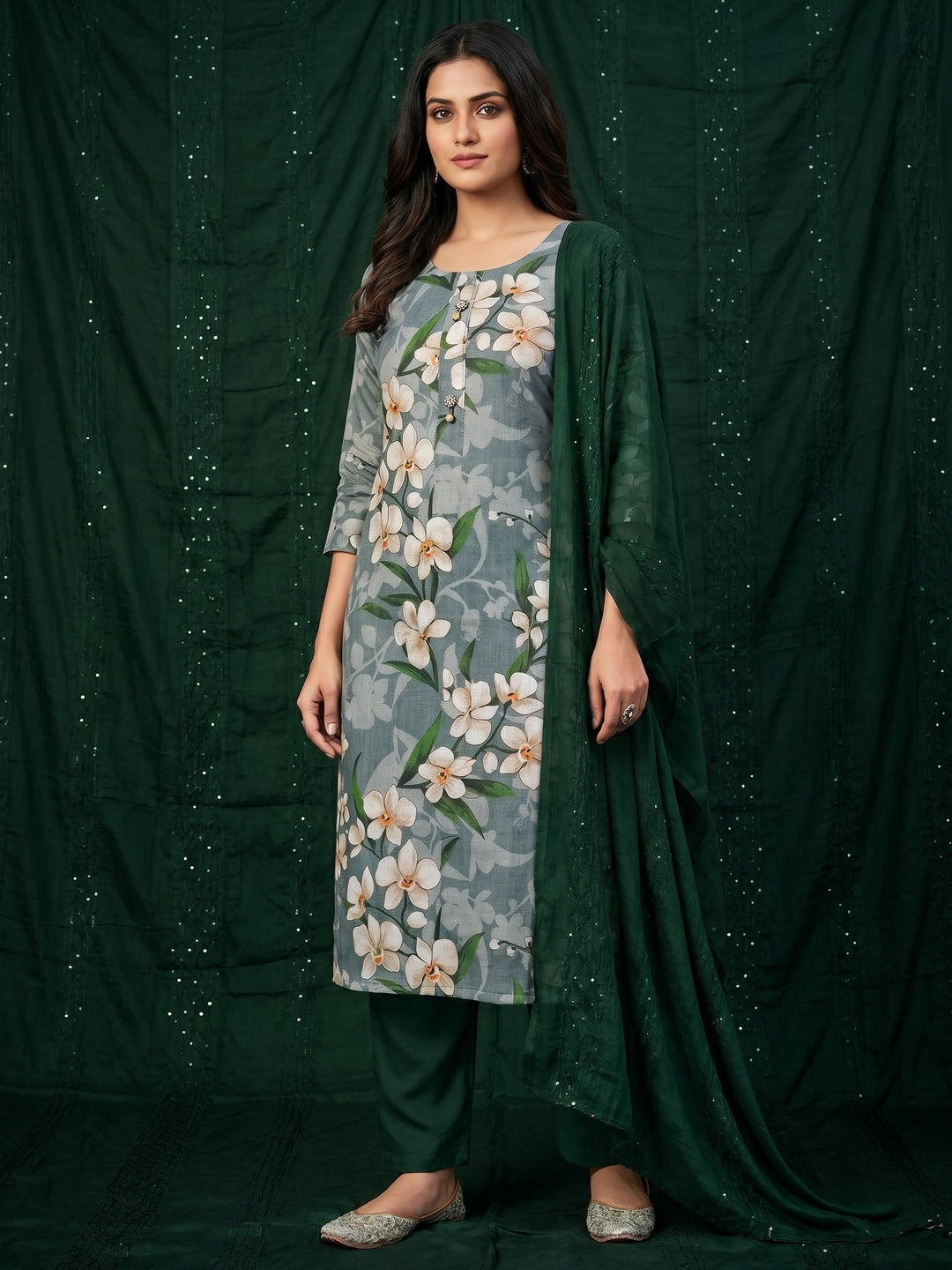 Grey Floral Printed Linen Dress Material - Image 1