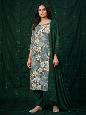 Grey Floral Printed Linen Dress Material - Image 1