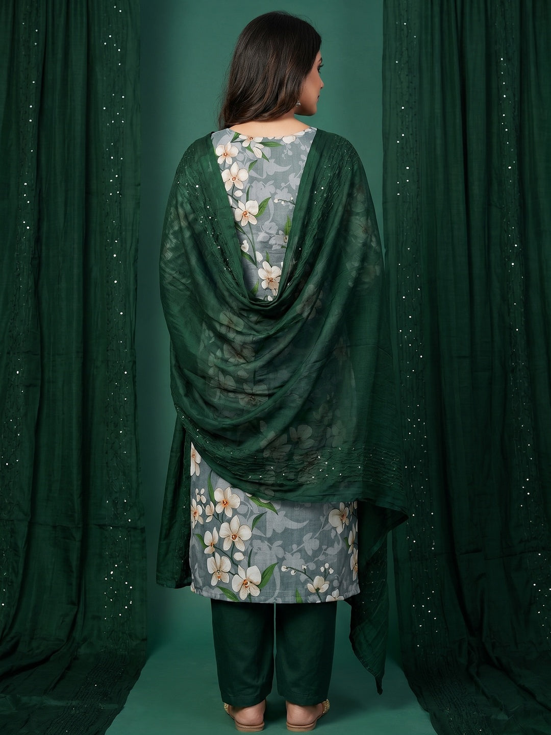 Grey Floral Printed Linen Dress Material - Image 2